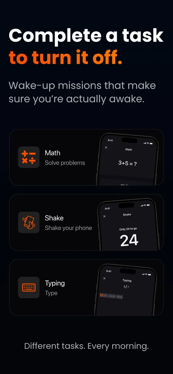 MathWake — complete a task to turn the alarm off: math, shake or typing missions
