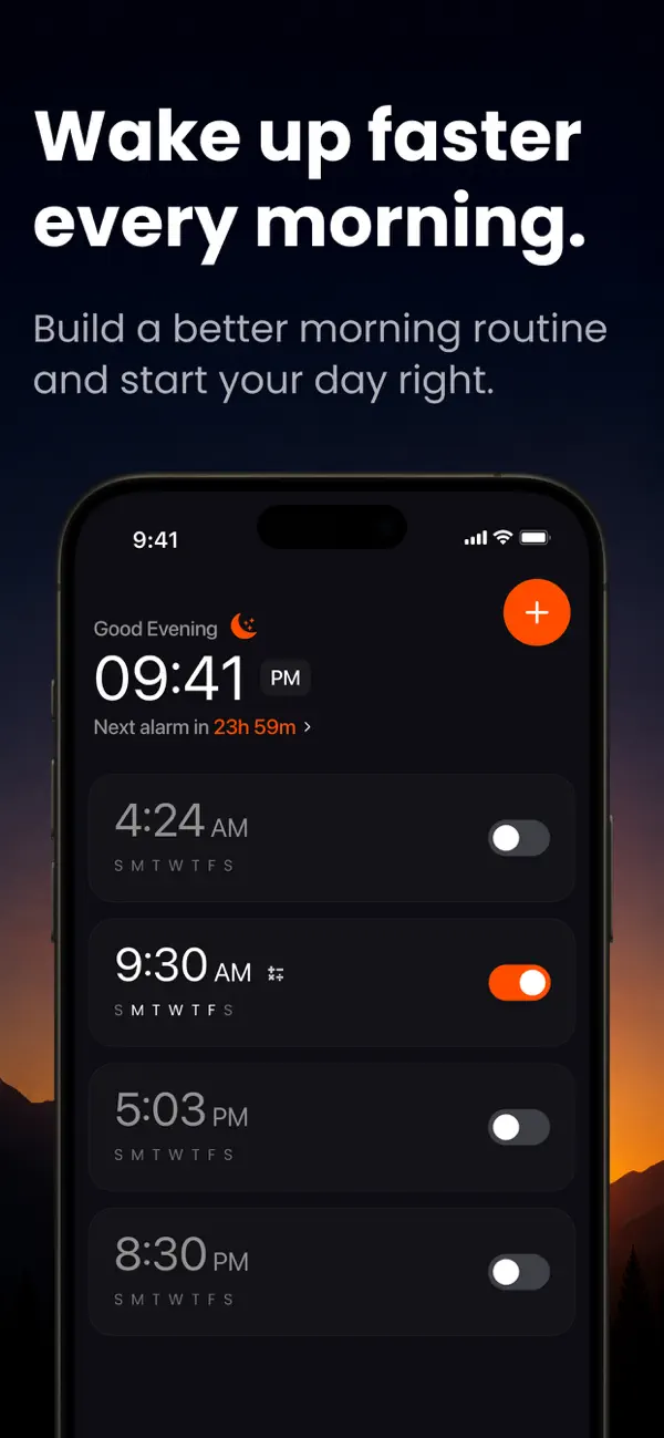 MathWake — alarm list with next alarm countdown